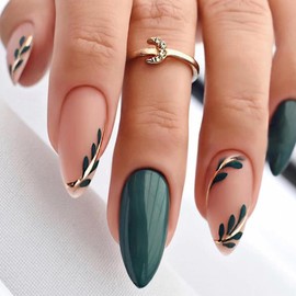 Green Press on Nails Medium Fake Nails Almond Shape Press On Nails,RUPOFUZA Acrylic False Nails with Green Leaf Designs Nails Press ons Artificial Nails Stick on Nails for Women 24Pcs