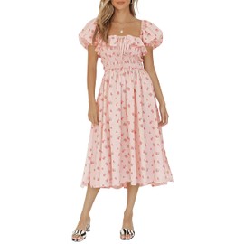 R.Vivimos Womens Summer Floral Print Puff Sleeves Vintage Ruffles Midi Dress (Small, Pink)