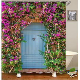 MMHJFANG Outdoor Shower Curtain Garden Flower Arch Door, Blue and Pink Bathroom Curtains with 12 Hooks, Country Style Waterproof Garden Curtain 71x71