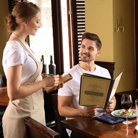 Flexzion Menu Covers 8.5x11 inch Black Triple Fold Book Style Holder with 3 Page 6 View Protective Corner for Restaurant Hotel Deli Cafes Bars Pubs