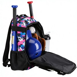 ZOEA Youth Baseball Bat Bag Backpack, T-Ball & Softball Equipment & Gear for Youth, Large Capacity Holds 2 Bats, Helmet, Gloves, Cleats, Helmet Holder and Includes Fence Hook (Camouflage purple)