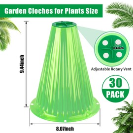 UQM 30 Pack Garden Cloches for Plants, Reusable Bell Plant Protector with Rotary Vent Cover, Garden Protection from Animals Snails Birds Chickens Insect, 9.44" H X 8.07" D (Green)
