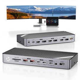 Minisopuru DisplayLink Docking Station 3 Monitors with 140W Charger, 30W Charging, 8K/4K USB C Docking Station for MacBook,Thunderbolt 4/3, Windows(3X HDMI,3X DisplayPort,5X USB Data & Charge,TF/SD)