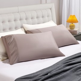 STNOMY Premium 100% Eucalyptus Tencel Lyocell Cooling Pillowcase Set of 2, Moisture Wicking,Temperature Regulating, Soft &Smooth Sateen Pillow Cover All Season（Queen Taupe）