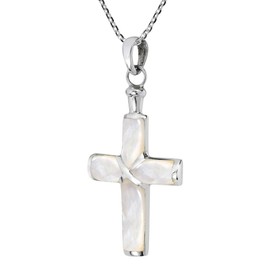 AeraVida Spiritual Christian Cross White Mother of Pearl Inlaid .925 Sterling Silver Pendant Necklace | Religious Necklace Jewelry for Women | Jewelry Gift