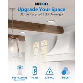 NICOR Lighting Recessed Ceiling Lights LED Downlight - 5/6 inch LED Recessed Light Fixtures - Selectable CCT 2700K-5000K, 918 Lumens, 10.3W - DLR56 LED Retrofit Ceiling Light, Black Baffle, 1-Pk