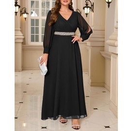 Women Plus Size Formal Dresses Black Evening Gown Long Sleeve Chiffon Bridesmaid Wedding Elegant Ruched Aline Maxi Dress