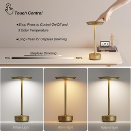 TBBGA 2 Pack Rechargeable Cordless Table Lamps, Portable 5000mAh Battery Table Light, 3 Color Stepless Dimming LED Table Light with Memory Function, for Outdoor/Dinner/Patio/Restaurant.(Gold)