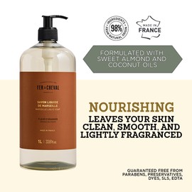 Fer a Cheval Marseille Liquid Soap, Orange Blossom, 1 L / 33.8 fl oz – Gentle Hand and Body Wash with Shea Butter – Made in France