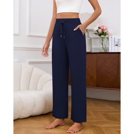 Riyiper 3 Pack Women's Straight Leg Sweatpants High Waisted Lounge Pants Knitted Open Bottom Drawstring Pants with Pocket(Black, Navy Blue, Fuchsia,M)