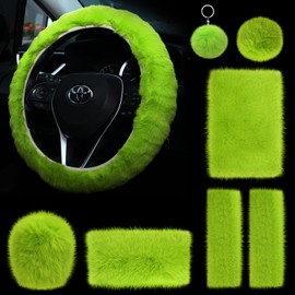 Coume 9 Pcs Fluffy Car Accessories Set Soft Fur Fuzzy Car Steering Wheel Cover Short Hair Fuzz Handbrake Cover Gear Shift Cover Seat Belt Cover Set for Christmas Car Decoration, Lime Green