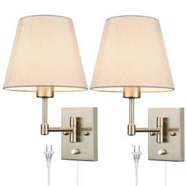 SAMTEEN Swing Arm Wall Sconces Set of Two Plug in Wall Lamp with Grey Fabric Shade and On Off Switch Wall Light for Bedside Living Room Hallway, Brushed Nickel Finish