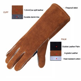 NBLEAGLO Leather Fireplace Gloves Heat Resistant for Mig,Tig welding,Stick,Forge,BBQ,Grill, Wood Stove,Fireproof Stitching (Brown &Black Reinforced Palm)