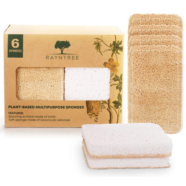 RAYNTREE Esponjas de cocina ecológicas para platos (paquete de 6), esponjas biodegradables para lavar platos, esponja natural y almohadillas antiarañazos, hechas de celulosa y lufa