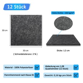 BXI Thickened Sound Absorbing Panels, 12 Pack, 30 x 30 x 1.2 cm, Dense Acoustic Panels, Echo Noise Reduction, Tackable Studio Panels for Wall and Ceiling, Acoustic Treatment (Dark Grey)