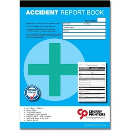 Cherry Printers GDPR Compliant Accident Report Book A5 | 50 Accident Forms | RIDDOR + HSE Compliant | Perforated for Easy Removal | 80gsm Paper | Stitched at Head | Made in UK | **4 Pack**