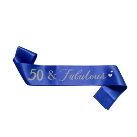 Conggluuo 50th Birthday Sash, 50 Fabulous' Birthday Sash for Women Blue Sash with Silver Foil Letter 50th Birthday sash for men Party Decorations Favors Blue Silver