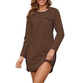 Namatime Cotton Nightgowns for Women Soft Striped House Dress Long Sleeve Sleep Shirts Fall Sleepwear Pajama Dress Nightshirt Maternity Postpartum Lounge Dress Brown Navy Blue Wide Stripe L