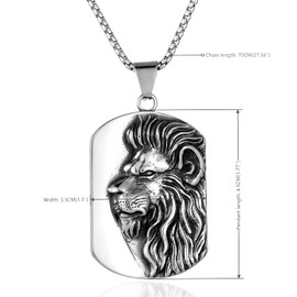 BIYONGDE Vintage Stainless Steel Lion Head Dogtag Pendant Necklace for Men Women, 28 inches Chain
