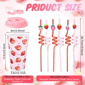 Yungyan 24 Sets Strawberry Party Favors Goodie Cups with Lids and Straws for Birthday Decorations Reusable 16oz Plastic Candy Cups Plastic Straws for Birthday Party (Strawberry)