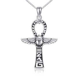 VENACOLY Ankh Cross Necklace Vintage Sterling Silver Scarab Pendant for Men Women Egyptian Jewelry Religious Gift