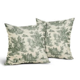 aportt French Country Pillow Covers Set of 2 22x22 Inch Vintage Toile Green Cotton Linen Polyester Decorative Throw Pillow Case Cushion Cover for Bedroom Sofa Living Room Couch Chair Office
