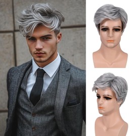 VRbeatter Short Silver Wig for Men Short Wavy Mens Wig Realistic Natural Male Side Part Layered Cosplay Costume Party Natural Daily Hair Synthetic Heat Resistant (MW002A-3517#)