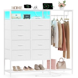 White Dresser for Bedroom with 8 Drawers, Bedroom Dressers with Hanging Rack, Clothes Storage Cabinet with Led Lights & Charging Station, 47 Inch Chest of Drawers with Shelves for Bedroom, Closet