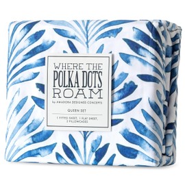 Where The Polka Dots Roam Blue Indigo Palms Floral Bedsheet Full Size, Super Soft Wrinkle Resistant Tropical Leaves Pattern Bedding Set, Vibrant Solid Print All-Season Bed Sheets for Girls, Teens