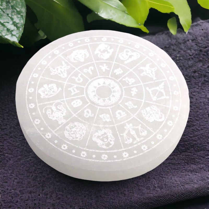 Selenite Charging Plate with Zodiac Sign "Astrology" Engraving Diameter 10.5