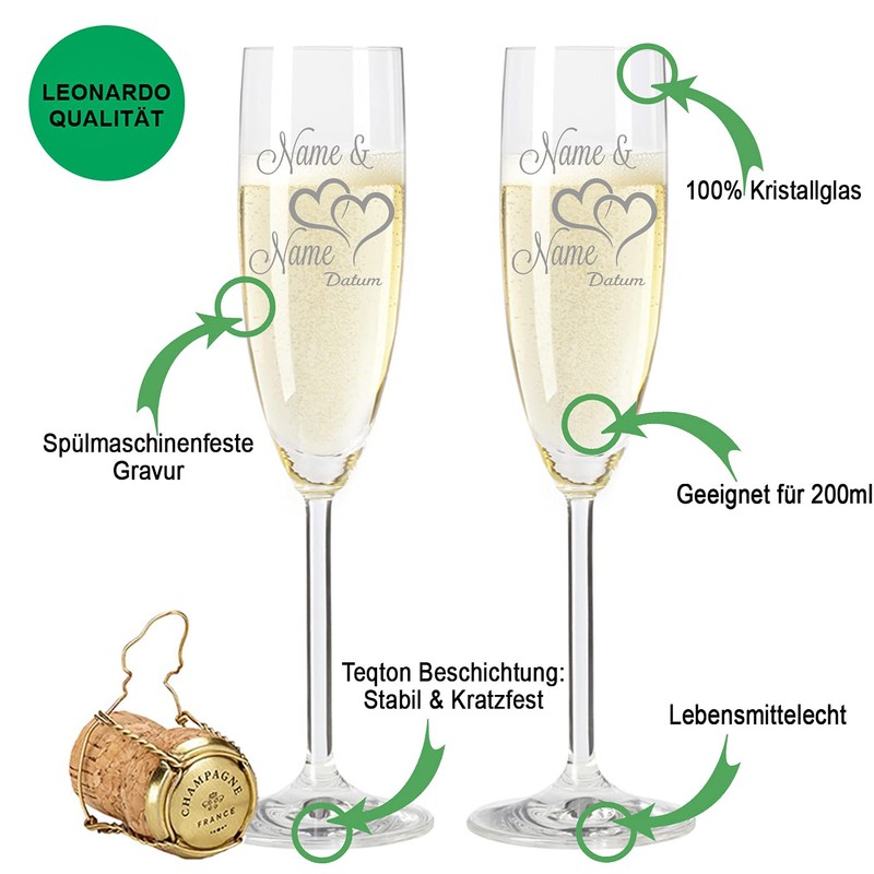 Leonardo Champagne Glasses with Engraving of Name & Date in