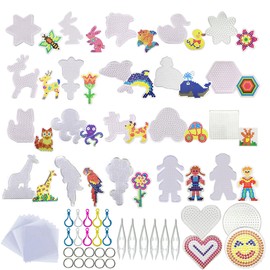 Allazone 5 mm 48 PCS Pack Fuse Beads Boards, 22 PCS Animal Clear Plastic Pegboards with 6 PCS White Beads Tweezers, 10 PCS Ironing Paper and 10 PCS Colorful Keychain for Kids Craft Supplies