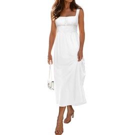 LUXVEER Women's Corset Dress 2025 Summer Casual Sleeveless Boho Beach Sundress Tank Square Neck A Line Midi Flowy Milkmaid Dress White M