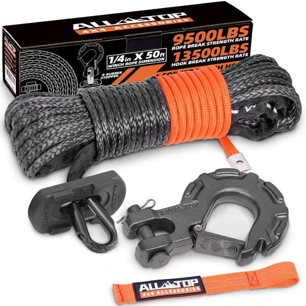 ALL-TOP Synthetic Winch Rope w/Hook & Isolator, 1/4in x 50ft,