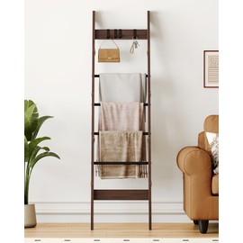 Hzuaneri Blanket Ladder for Living Room, Decorative Quilt Rack with 4 Removable Hooks, 6-Tier Farmhouse Ladder Holder Shelf Organizer for Bedroom, Black Tea Brown and Black BR31520B