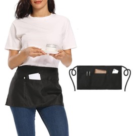 3 Pocket Waist Apron Men's Waitress Short Apron for Kitchen, Dining Room and Garden, Holds Pens, Note Pictures, Server Manuals, black