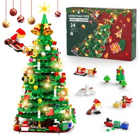 Advent Calendar 2024 Christmas Tree Building Blocks Kit, 24 Boxes Christmas Vacation Countdown Calendar Toys Building Set with LED Light, Advent Calendars Christmas Xmas Gift for Adults Teens Kids Ages 6+