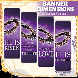 Hosuly 4 Pcs Easter Church Banners with Scripture Purple Easter Religious Banner for Sanctuary Wall Worship Bible Verse Crown of Thorns Religious Praise Hanging Signs for Church Event Decor