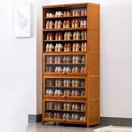 ILWorkTLs 10-Tier Bamboo Shoe Cabinet with Clear Door, Shoe Shelf Storage Organizer with Flip Door,Narrow Shoe Cabinet for Entryway, Hallway and Closet (80CM)