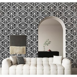 HAOKHOME Black Wallpaper Peel and Stick Floral Damask Wall Paper Removable for Kitchen Black/White Contact Paper 17.3in x 9.8ft