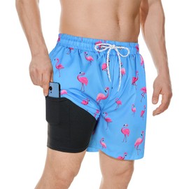 American Trends - Traje de baño para hombre, con forro de compresión, pantalones cortos de baño para exteriores, Flamingo Sky Blue, X-Large