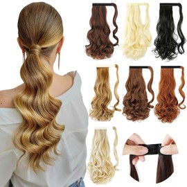 Felendy 18" Ponytail Extension Curly Wavy Clip in Hairpiece Wrap Around Long Pony Tails Hair Extensions Synthetic for Women Black To Silver Grey
