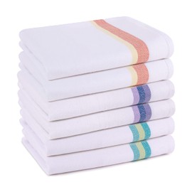 Pagnanno. Tea Towels, Soft and Absorbent – Multi Pack of Large Classic Herringbone Weave, Lint Free, Cotton Kitchen Dish Towels 45x70 cm in White with blue, green and orange stripes (Assorted, 6)