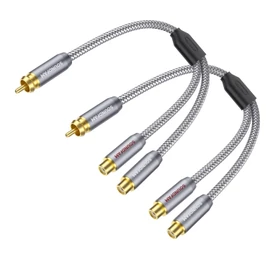 SOUNDFAM RCA Y Splitter 1 Male to 2 Female RCA/Phono Splitter Cable Stereo Y Adapter Gold-Plated Plug for Subwoofer, TV, CD Player, Home Theater-Grey(1ft/30CM-2Pack)