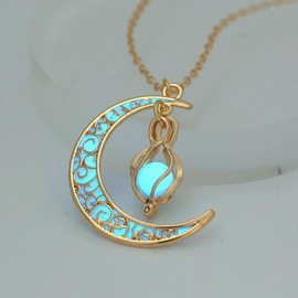 SIewee Fantasy Glow in the Dark Crescent Moon, Heart, and Flower Necklaces - Jewelry Charms Pendants for Women - Fairy, witches, Space Necklace (golden Sky blue)