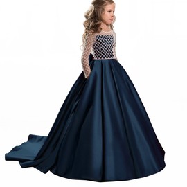 Christmas Flower Girl Dress Floor Length Button Draped Tulle Ball Gowns for Kids (8, Navy)
