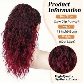 BOGSEA Ponytail Extension Claw Clip Ponytail Extension for Women 18'' Long wavy Hair Extension Natural Looking Synthetic Hairpiece for Daily Use (Ombre Burgundy)