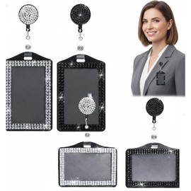 4 Pcs Bling Horizontal Vertical Badge Holder with Retractable Reel, Sparkling Rhinestone ID Card Holder for Office, Nurse, Teacher, Student