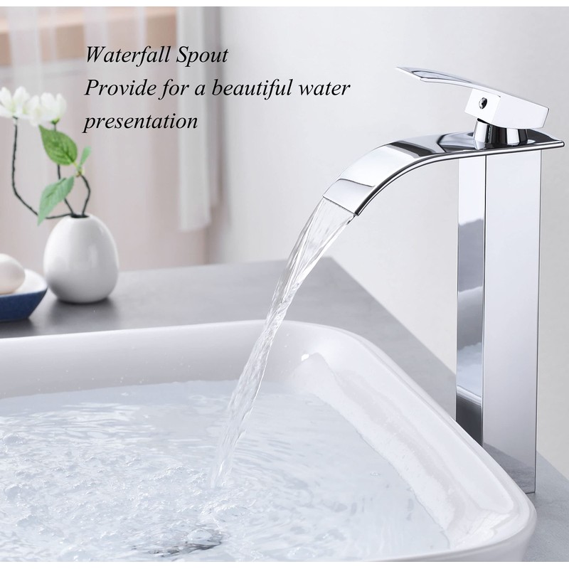 Rzoeox Tall Bathroom Vessel Faucet, Waterfall Design, Chrome Finish, Single