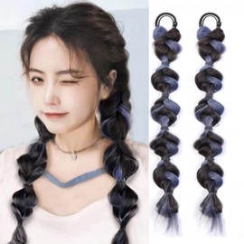 HAPVITAL Wig Ponytail Gradient Hair Extensions Natural Ponytail Wig Hair Extensions Cute Twist Bubble Braid Hair Extension Double Po (Tint Blue)